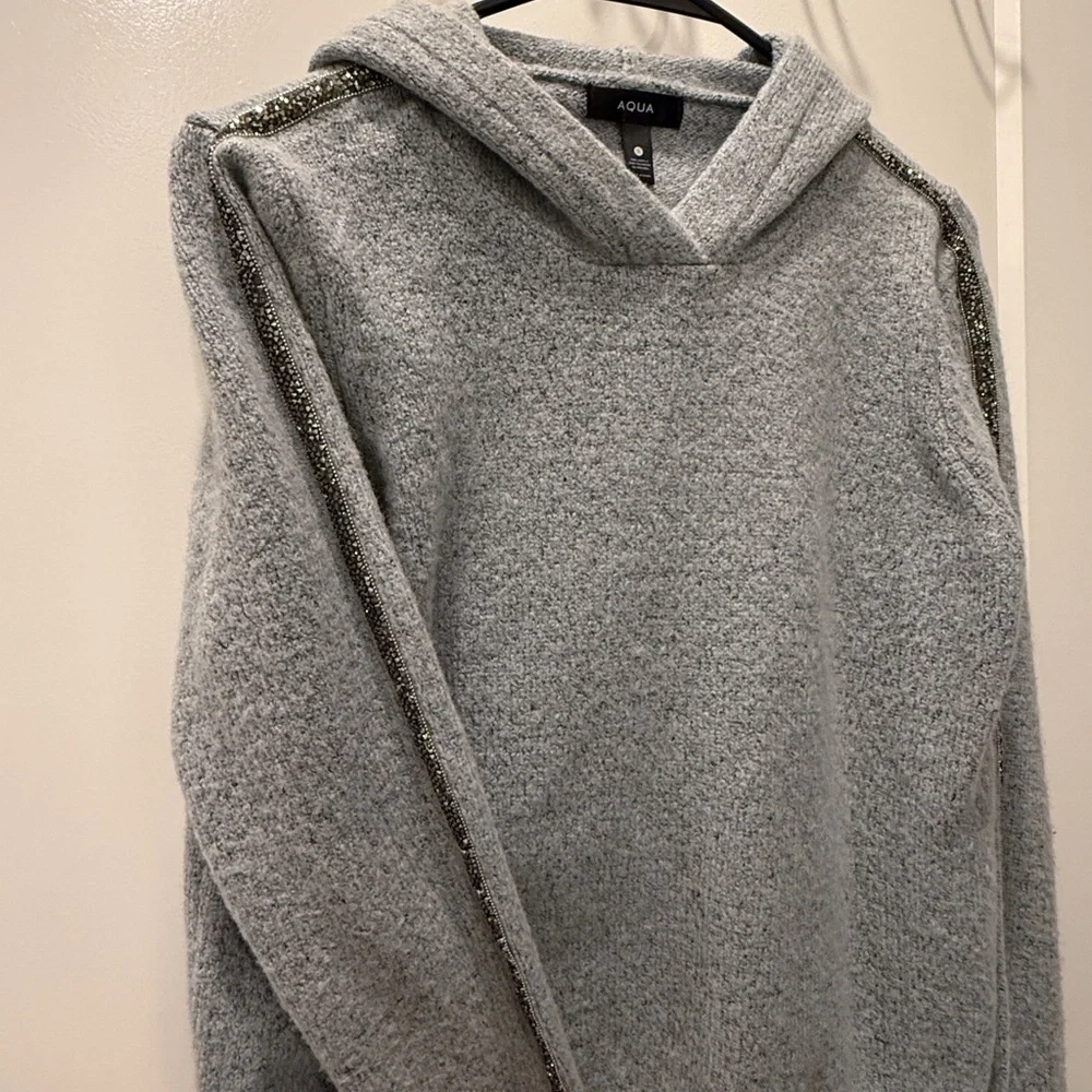 NWOT Aqua hoodie sweater with rhinestone sequin sleeve detail - Picture 2 of 4